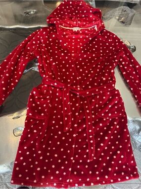 PJ Salvage Hooded Robe - Red with White Polka Dots Girls size 12-14